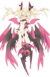 Rule 34 | 1girl, :o, arms at sides, bare shoulders, black wings, blade (galaxist), blonde hair, blush, boots, breasts, clothing cutout, demon girl, demon wings, detached sleeves, fang, floating hair, foreshortening, from below, full body, groin, hair between eyes, halterneck, headgear, high heel boots, high heels, highleg, highleg leotard, leotard, long hair, looking at viewer, low wings, multicolored wings, multiple wings, open mouth, orange eyes, original, parted bangs, pink footwear, pointy ears, red eyes, simple background, sketch, small breasts, solo, thighhighs, turtleneck, twintails, underboob, underboob cutout, white background, white thighhighs, wings
