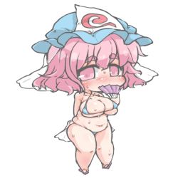 Rule 34 | 1girl, arm behind back, belly, bikini, blush, breasts, chibi, covering own mouth, eyebrows, fat rolls, female focus, folding fan, full-face blush, hand fan, hat, kureha mitsushige, large breasts, looking at viewer, micro bikini, pink eyes, pink hair, plump, saigyouji yuyuko, sandals, short hair, simple background, skindentation, solo, sweat, swimsuit, thick eyebrows, thick thighs, thighs, touhou, triangular headpiece