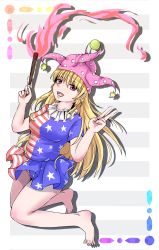 Rule 34 | 1girl, american flag dress, american flag panties, american flag print, blonde hair, breasts, clownpiece, eyes visible through hair, grey background, hat, highres, hiyashi mikan, jester cap, legs, long hair, looking at viewer, open mouth, panties, pantyhose, pointy ears, print panties, red eyes, short sleeves, solo, striped, striped background, teeth, thighs, toes, tongue, torch, touhou, underwear, unworn pantyhose, v, very long hair, white background