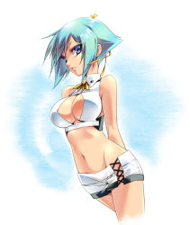 Rule 34 | 10s, 1girl, amagai yukino, aquarion (series), aquarion evol, breasts, cleavage, cleavage cutout, clothing cutout, crop top, green hair, large breasts, midriff, navel, parted lips, purple eyes, revealing clothes, short hair, short shorts, shorts, solo, zessica wong
