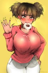 Rule 34 | 1girl, aged up, alternate breast size, blush, bra, bra strap, breasts, brown hair, curvy, denim, doughnut, dripping, earrings, fingernails, food, food in mouth, highres, hoop earrings, huge breasts, jeans, jewelry, k-on!, keigi, long fingernails, looking at viewer, mouth hold, nail polish, nose blush, pants, pink sweater, red bra, ring, sexually suggestive, short hair, short twintails, simple background, solo, suggestive fluid, suzuki jun, sweater, thick eyebrows, thick thighs, thighs, twintails, underwear, waving, wedding band, white pants, yellow background, yellow eyes, yellow nails