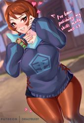 Rule 34 | 1girl, arezu (pokemon), blue hoodie, blurry, blurry background, blush, breasts, brown pantyhose, building, commentary, cowlick, creatures (company), day, diamond clan outfit, dr altruist, dutch angle, english commentary, english text, feet out of frame, game freak, grin, heart, hood, hoodie, large breasts, lips, long sleeves, looking at viewer, nintendo, outdoors, pantyhose, pantyhose under shorts, patreon username, pokemon, pokemon legends: arceus, raised eyebrow, red eyes, red hair, short hair, shorts, sleeves past wrists, smile, solo, standing