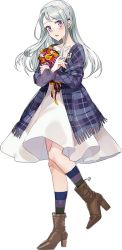 Rule 34 | 1girl, boots, dress, drew (drew213g), flower, full body, hairband, high heel boots, high heels, jacket, kantai collection, long hair, official art, open mouth, purple eyes, sagiri (kancolle), silver hair, simple background, socks, solo, transparent background