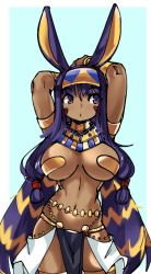 Rule 34 | 1girl, absurdres, animal ears, armlet, arms up, belly chain, blue background, border, contrapposto, dark-skinned female, dark skin, egyptian, egyptian clothes, facepaint, facial mark, fate/grand order, fate (series), gorget, hairband, highres, jackal ears, jewelry, long hair, looking to the side, low-tied long hair, navel, nitocris (fate), nitocris (third ascension) (fate), pasties, pelvic curtain, purple eyes, purple hair, solo, standing, thigh strap, vambraces, white border, zanamaoria