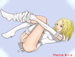 Rule 34 | 00s, 1girl, armor, ass, blonde hair, blue background, blue eyes, boots, claymore (series), elbow gloves, full body, gloves, grey eyes, knee boots, legs up, lips, miria, panties, purple background, short hair, shoulder pads, simple background, solo, thighhighs, underwear, undressing, white panties