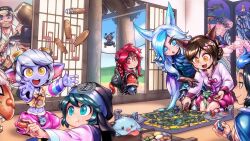 Rule 34 | 4girls, 5boys, :d, :o, ahri (league of legends), alternate costume, animal print, bird, black hair, black headwear, blue eyes, blue hair, bow, bowtie, braid, brown bow, brown bowtie, cloud, copyright request, cup, day, dynasty ahri, fang, food, goggles, goggles on head, green eyes, hammer, highres, holding, holding food, holding hammer, indoors, league of legends, long hair, long sleeves, midriff, multiple boys, multiple girls, navel, ninja, official alternate costume, open mouth, phantom ix row, poro (league of legends), red hair, smile, stomach, sweat, tabletop game, teeth, tristana, upper teeth only, whiskers, white hair, yellow eyes, yordle