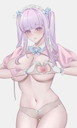 Rule 34 | 1girl, absurdres, alternate costume, azur lane, blunt bangs, bra, unworn bra, breasts, cleavage, commentary request, cowboy shot, curly hair, enmaided, flying sweatdrops, gloves, hair ornament, heart, heart hands, highres, large breasts, light areolae, long hair, looking at viewer, maid, nanako94418108, navel, nipples, panties, parted lips, pink hair, plymouth (azur lane), purple eyes, see-through panties, shrug (clothing), simple background, solo, teeth, thigh gap, thighs, twintails, underwear, upper teeth only, white background, white gloves, white panties
