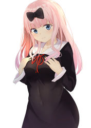 Rule 34 | 1girl, between breasts, black bow, black dress, blue eyes, blush, bow, breasts, closed mouth, collarbone, collared shirt, commentary request, dress, fingernails, fujiwara chika, hair bow, hands on own chest, hands up, has bad revision, has downscaled revision, head tilt, highres, hikashou, kaguya-sama wa kokurasetai ~tensai-tachi no renai zunousen~, long hair, long sleeves, md5 mismatch, medium breasts, neck ribbon, pink hair, red ribbon, resolution mismatch, ribbon, school uniform, shirt, shuuchiin academy school uniform, simple background, smile, solo, source smaller, upper body, white background