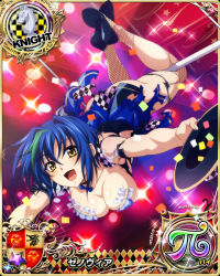 Rule 34 | 1girl, artist request, ass, blue hair, breasts, card (medium), character name, chess piece, choker, cleavage, copyright name, fishnet thighhighs, fishnets, green hair, hair between eyes, hanging, hat, high school dxd, high school dxd born, knight (chess), large breasts, no bra, official art, open mouth, shoes, short hair, short sleeves, skirt, smile, solo, thighhighs, tongue, torn clothes, torn thighhighs, xenovia quarta, yellow eyes