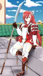 Rule 34 | 1girl, caeldori (fire emblem), dress, fire emblem, fire emblem fates, highres, hip focus, iron-0xide, long hair, looking at viewer, naginata, nintendo, outdoors, polearm, red eyes, red hair, roof, rooftop, short dress, sitting, sky, solo, tagme, thick thighs, thighs, tight clothes, tight dress, very long hair, wall, weapon, wide hips
