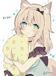 Rule 34 | 1girl, animal ear fluff, animal ears, arknights, bare shoulders, blue dress, blue eyes, blush, brown hair, closed mouth, commentary request, dog girl, dress, floral print, frilled dress, frills, hair between eyes, looking at viewer, hugging object, off-shoulder dress, off shoulder, official alternate costume, pillow, pillow hug, pirorr, podenco (arknights), simple background, smile, solo, tail, translation request, twitter username, white background