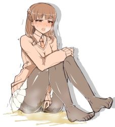 Rule 34 | 1girl, black pantyhose, blush, breasts, breath, brown eyes, brown hair, brown shirt, brown sweater, grey skirt, hamo tosaka, hand on own crotch, hand on own knee, long hair, long sleeves, medium breasts, necktie, open mouth, original, pantyhose, peeing, peeing self, puddle, red neckwear, school uniform, shirt, sitting, skirt, sleeves past wrists, steam, sweat, sweater, teeth, trembling, wet, wet clothes, wet pantyhose, white background