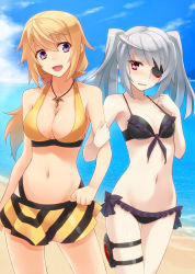 Rule 34 | 10s, 2girls, :d, beach, bikini, bikini skirt, blonde hair, blue sky, breasts, charlotte dunois, cleavage, day, eyepatch, flat chest, groin, highres, infinite stratos, jewelry, laura bodewig, long hair, lowleg, medium breasts, multiple girls, navel, necklace, ocean, open mouth, outdoors, pink eyes, prime, purple eyes, red eyes, sky, small breasts, smile, swimsuit, thigh strap, twintails, wavy mouth, white hair