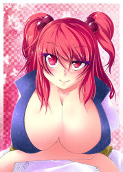 Rule 34 | 1girl, akira aoi, breasts, bug, butterfly, cleavage, female focus, hair bobbles, hair ornament, huge breasts, insect, kusaka eiki, onozuka komachi, red eyes, red hair, short hair, solo, squinting, touhou, twintails, two side up, uneven eyes