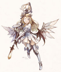 Rule 34 | 1girl, 2015, :d, angel wings, armor, artist name, bad id, bad pixiv id, blonde hair, blue eyes, boots, collarbone, dated, demon wings, dress, elbow gloves, eyepatch, full body, gloves, hair ribbon, head wreath, little noah, long hair, looking at viewer, noah (little noah), open mouth, parted lips, pemu, polearm, pomon illust, puffy sleeves, ribbon, simple background, smile, solo, staff, thigh boots, thighhighs, traditional media, weapon, wings, yellow background, zettai ryouiki