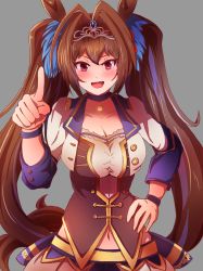 Rule 34 | 1girl, :d, absurdres, animal ears, blush, breasts, brown hair, cleavage, commentary request, daiwa scarlet (umamusume), ennuru, fang, hand on own hip, highres, horse ears, horse girl, horse tail, large breasts, long hair, midriff, navel, open mouth, pointing, pointing at viewer, purple eyes, skirt, smile, solo, starting future (umamusume), tail, tiara, twintails, umamusume, very long hair, white jackete, white skirt