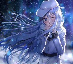 Rule 34 | 1girl, belt, black belt, blue eyes, dfd, flat cap, hammer and sickle, hat, hibiki (kancolle), highres, jacket, kantai collection, long hair, long sleeves, one eye closed, silver hair, snowing, solo, star (symbol), upper body, verniy (kancolle), white hat, white jacket