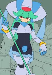 Rule 34 | 1girl, android, armor, bodysuit, capcom, crotch plate, green hair, helmet, pandora (mega man), red eyes, mega man (series), mega man zx, mega man zx advent, staff, tagme