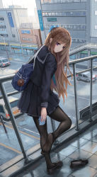 Rule 34 | 1girl, bag, black footwear, black pantyhose, blazer, brown hair, car, cityscape, commentary, commentary request, english commentary, feet, half updo, highres, jacket, loafers, long hair, looking at viewer, looking back, mixed-language commentary, motor vehicle, neckerchief, no shoes, open mouth, original, outdoors, pantyhose, purple eyes, rain, revision, school uniform, serafuku, shoes, unworn shoes, skirt, soles, standing, standing on one leg, sweater, thighhighs, thighs, wet, yuzuriha (atelier liang)