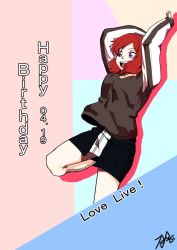 Rule 34 | 1girl, arms up, artist name, artist request, bare legs, black shorts, blush, female focus, hair between eyes, hand over head, jacket, long sleeves, looking at viewer, love live!, love live! school idol project, mong2, nishikino maki, pants, purple eyes, red hair, short hair, short shorts, shorts, smile, solo, standing, standing on one leg