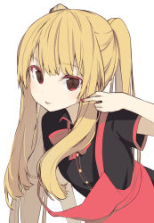 Rule 34 | 1girl, bad id, bad pixiv id, black shirt, blonde hair, bow, collared shirt, colored eyelashes, commentary request, dress shirt, tucking hair, hand up, highres, leaning forward, long hair, looking at viewer, nail polish, original, overalls, parted lips, paryi, red bow, red eyes, red nails, red overalls, shirt, short sleeves, simple background, solo, strap slip, twintails, very long hair, white background