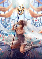 Rule 34 | 1girl, alternate hairstyle, bare shoulders, blue eyes, boots, brown hair, chain, collarbone, dress, expressionless, final fantasy, final fantasy x, flower, full body, green eyes, heterochromia, holding, holding staff, jewelry, knee boots, kneeling, looking at viewer, necklace, official alternate costume, petals, pink flower, pink rose, rose, rose petals, sasanomesi, short hair, solo, staff, strapless, strapless dress, valefor, veil, wedding dress, white dress, white footwear, yuna