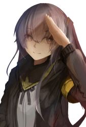 Rule 34 | 1girl, absurdres, black jacket, brown eyes, girls&#039; frontline, grey hair, hand on head, highres, jacket, long hair, long yue (sskylarks), looking at viewer, military, military uniform, scar, scar across eye, scar on face, shirt, smile, solo, ump45 (girls&#039; frontline), uniform, white background, white shirt
