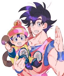 Rule 34 | 2boys, black hair, blue wristband, carrying, carrying person, child, commentary request, dragon ball, dragonball z, father and son, hair between eyes, hat, jumpsuit, korean commentary, male focus, multiple boys, orange jumpsuit, senzzang, short hair, simple background, smile, son gohan, son goku, tail, upper body, white background, wristband