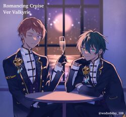 Rule 34 | 2boys, aqua eyes, black gloves, buttons, closed mouth, commentary request, cup, earrings, ensemble stars!, gloves, green hair, hair between eyes, heterochromia, high collar, highres, holding, holding cup, indoors, itsuki shu, jewelry, kagehira mika, lapels, long sleeves, looking at viewer, male focus, moon, multiple boys, one eye closed, pink hair, purple eyes, short hair, sitting, table, twitter username, valkyrie (ensemble stars!), wednesday 108, window, yellow eyes
