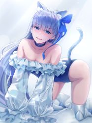 Rule 34 | 1girl, all fours, animal ears, armor, ass, bare shoulders, blue collar, blue eyes, blue one-piece swimsuit, blue ribbon, blush, breasts, cat ears, cat tail, collar, collarbone, fate/grand order, fate (series), greaves, highres, long hair, looking at viewer, meltryllis, meltryllis (fate), meltryllis (swimsuit lancer) (fate), meltryllis (swimsuit lancer) (second ascension) (fate), one-piece swimsuit, open mouth, oumi (rsag), prosthesis, prosthetic leg, puffy sleeves, ribbon, sleeves past fingers, sleeves past wrists, small breasts, smile, solo, swimsuit, tail, thighs