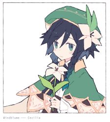 Rule 34 | 1boy, androgynous, beret, black hair, blue hair, blush, bow, braid, cape, closed mouth, collared cape, corset, flower, frilled sleeves, frills, genshin impact, gradient hair, green eyes, green hat, hair flower, hair ornament, hat, holding, holding flower, leaf, long sleeves, looking at viewer, male focus, melanbread, multicolored hair, shirt, short hair with long locks, simple background, smile, solo, twin braids, venti (genshin impact), white background, white flower, white shirt