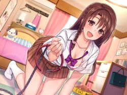 Rule 34 | 1girl, :d, all fours, bed, bedroom, blush, bow, bowl, bra, braid, breasts, brown eyes, brown hair, checkered floor, cleavage, collar, collarbone, collared shirt, dress shirt, dutch angle, highres, indoors, kneehighs, leash, long hair, looking at viewer, medium breasts, miniskirt, on floor, open mouth, original, pet bowl, pet food, pet play, pink bra, plaid, plaid skirt, pleated skirt, pov, purple bow, religious offering, school uniform, shirt, short sleeves, side braid, skirt, smile, socks, solo, sparkle, umihal, underwear, viewer on leash, white shirt, white socks