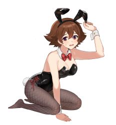 Rule 34 | 1girl, alternate costume, arm support, black leotard, blush, bow, bowtie, breasts, brown eyes, brown hair, cleavage, creatures (company), detached collar, fishnet pantyhose, fishnets, full body, game freak, genderswap, genderswap (mtf), hair between eyes, hairband, highres, hilbert (pokemon), kneeling, leotard, nintendo, open mouth, p (flavorppp), pantyhose, playboy bunny, pokemon, pokemon bw, raised eyebrows, red bow, red bowtie, simple background, solo, sweatdrop, white background, wrist cuffs