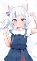 Rule 34 | 1girl, :3, absurdres, animal ear fluff, animal ears, blue eyes, blue nails, blue skirt, blunt bangs, blush, buttons, cat ears, closed mouth, cocozasa, commentary request, cube hair ornament, extra ears, frilled sleeves, frills, gawr gura, gawr gura (casual), grey hair, hair ornament, hands up, highres, hololive, hololive english, looking at viewer, lying, multicolored hair, nail polish, official alternate costume, official alternate hairstyle, on back, on bed, shirt, short hair, short sleeves, side ponytail, sidelocks, skirt, skirt set, solo, streaked hair, suspenders, upper body, v-shaped eyebrows, virtual youtuber, white hair, white shirt