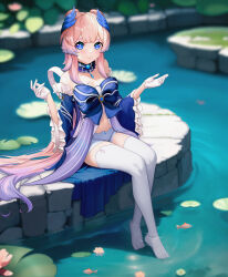 Rule 34 | 1girl, blue bow, blue eyes, blue horns, blurry, blurry background, blush, bow, bow-shaped hair, breasts, brooch, choker, cleavage, colored tips, detached collar, fish, frilled sleeves, frills, genshin impact, gloves, gradient hair, half gloves, hands up, highres, horns, jewelry, lace-trimmed choker, lace trim, legs, light smile, lily pad, lips, long hair, looking at viewer, midriff, multicolored hair, navel, no shoes, pink hair, pond, sangonomiya kokomi, shorts, sitting, small breasts, solo, thighhighs, toes, tsarev d, vision (genshin impact), wading, water, water lily flower, white gloves, white shorts, white thighhighs, wide sleeves