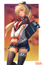 Rule 34 | 1girl, absurdres, adapted costume, alternate costume, arpeggio kaga, bag, black thighhighs, blonde hair, breasts, checkered clothes, checkered legwear, cloud, cloudy sky, dark-skinned female, dark skin, elf, evening, hair intakes, head tilt, high ponytail, highres, hololive, jacket, kintsuba (shiranui flare), knot, large breasts, long hair, looking to the side, open mouth, pleated skirt, pointy ears, red eyes, red neckwear, red sky, school bag, shiranui flare, skirt, sky, solo, tassel, thighhighs, track jacket, twilight, v arms, very long hair, virtual youtuber