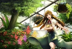 Rule 34 | 1girl, :d, aokawa (blueriver), black skirt, book, botanical garden, brown hair, bush, dappled sunlight, day, flower, greenhouse, grey eyes, highres, holding, holding book, indoors, long hair, official art, open mouth, original, outstretched hand, pansy, plant, potted plant, red ribbon, ribbon, shirt, skirt, smile, solo, standing, sunlight, tree, very long hair, white shirt