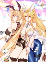 Rule 34 | 2girls, ahoge, animal ears, artoria pendragon (all), artoria pendragon (fate), artoria pendragon (swimsuit ruler) (fate), ass, ass grab, back, bare shoulders, black legwear, black leotard, blonde hair, blue eyes, blue neckwear, blue pantyhose, blush, bradamante (fate), bradamante (welcome bunny) (fate), braid, breasts, card, cleavage, clothing cutout, crown braid, detached collar, esg (essagna), fake animal ears, fate/grand order, fate (series), feather boa, fishnet legwear, fishnets, green eyes, hair between eyes, highleg, highleg leotard, highres, holster, large breasts, leotard, long hair, looking at viewer, looking back, multiple girls, navel, navel cutout, open mouth, pantyhose, parted lips, playboy bunny, playing card, ponytail, rabbit ears, rabbit tail, sidelocks, smile, sparkle, tail, thigh strap, thighhighs, thighs, tiara, twintails, very long hair, white leotard, wrist cuffs