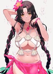 Rule 34 | 1girl, bare shoulders, bikini, black hair, blush, bracelet, braid, breasts, chest tattoo, closed mouth, facial mark, fate/grand order, fate (series), flower, forehead mark, hair flower, hair ornament, highres, jewelry, large breasts, long hair, looking at viewer, multicolored hair, navel, necklace, parted bangs, pearl bracelet, pearl necklace, pink hair, sarong, sessyoin kiara, sessyoin kiara (swimsuit mooncancer), sessyoin kiara (swimsuit mooncancer) (first ascension), shell, shell necklace, smile, streaked hair, swimsuit, tattoo, thighs, tomel, twin braids, underboob, very long hair, water drop, white bikini, yellow eyes