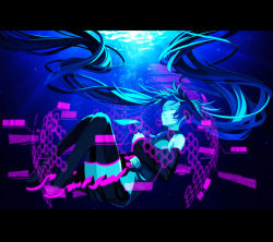 Rule 34 | detached sleeves, closed eyes, hatsune miku, legs, long hair, necktie, neon lights, osamu (jagabata), solo, thighhighs, twintails, underwater, very long hair, vocaloid, water