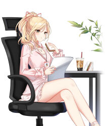 Rule 34 | 1girl, :t, alternate hair color, anklet, bare legs, blonde hair, bow, bubble tea, business casual, chair, closers, collared shirt, crossed legs, cup, disposable cup, dress shirt, drinking straw, eating, eunha (closers), feet out of frame, food, full mouth, green eyes, hair ribbon, hand up, highres, holding, holding food, holding paper, id card, jewelry, lanyard, long sleeves, looking down, medium hair, miniskirt, office chair, office lady, official art, on chair, paper, pendant, pink bow, pink ribbon, pink shirt, plant, ponytail, reading, ribbon, sandwich, shirt, shirt under shirt, sitting, skirt, sleeve bow, solo, swivel chair, table, white background, white skirt, white undershirt