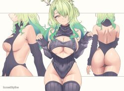Rule 34 | 1girl, alternate costume, antlers, ass, back, backless outfit, bare shoulders, black socks, braid, breasts, ceres fauna, commentary, english commentary, flower, from behind, green hair, hair flower, hair ornament, highres, hololive, hololive english, horns, large breasts, leotard, long hair, looking at viewer, meme attire, mole, mole under eye, multicolored hair, multiple views, ribbed leotard, ribbed sweater, shoulder blades, sideboob, smile, socks, sunset skyline, sweater, thighs, thong, thong leotard, tree horns, turtleneck, virgin slayer sweater, virtual youtuber, yellow eyes