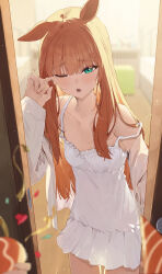 Rule 34 | 1girl, 1other, animal ears, blunt bangs, blurry, blurry background, blush, breasts, cleavage, collarbone, commentary request, door, dress, highres, horse ears, horse girl, indoors, long hair, looking at viewer, ningen gokko, off shoulder, one eye closed, open door, open mouth, orange hair, pov, silence suzuka (umamusume), sleepy, sleeveless, sleeveless dress, small breasts, solo focus, standing, thighs, umamusume, white dress