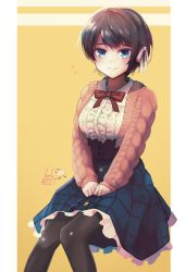 Rule 34 | alternate costume, artist name, black hair, blue eyes, blush, border, bow, bowtie, breasts, cable knit, hair ribbon, highres, hololive, ladymelt, large breasts, oozora subaru, oozora subaru (casual), outside border, pantyhose, pink ribbon, pink sweater, plaid, plaid skirt, red bow, red bowtie, ribbon, short hair, skirt, sweater, v arms, virtual youtuber, white border, yellow background