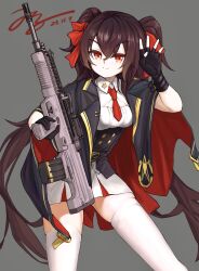 Rule 34 | 1girl, absurdres, assault rifle, black gloves, bow, breasts, brown hair, bullpup, cape, cowboy shot, fingerless gloves, girls&#039; frontline, gloves, grey background, gun, hair bow, highres, holding, holding gun, holding weapon, jerry wang, long hair, looking at viewer, necktie, orange eyes, qbz-97, red bow, red necktie, rifle, short necktie, single fingerless glove, skirt, small breasts, smile, thighhighs, twintails, type 97 (girls&#039; frontline), weapon, white skirt, white thighhighs