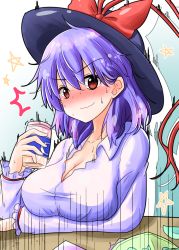 Rule 34 | 1girl, ^^^, bag, beer can, black hat, blue background, blush, breasts, can, cleavage, collared shirt, drink can, embarrassed, gradient background, hair between eyes, hat, hat ribbon, highres, holding, holding can, large breasts, long sleeves, looking at viewer, nagae iku, nose blush, open collar, oshiaki, purple hair, red eyes, ribbon, shirt, solo, star (symbol), surprised, sweat, sweatdrop, table, touhou, upper body, white shirt