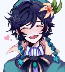 Rule 34 | 1boy, absurdres, androgynous, bad id, bad twitter id, bbadtime, beret, black hair, blue hair, blush, bow, braid, brooch, cape, closed eyes, collared cape, collared shirt, commentary, english commentary, flower, genshin impact, gradient hair, green hat, hair flower, hair ornament, hat, heart, highres, jewelry, leaf, looking at viewer, male focus, multicolored hair, open mouth, shirt, short hair with long locks, simple background, smile, solo, sparkle, twin braids, venti (genshin impact), white background, white flower, white shirt