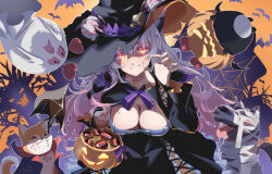 Rule 34 | 1girl, alternate costume, bare tree, bat (animal), black dress, black hat, blush, bow, bowtie, breasts, candy, commentary request, cowboy shot, demon, dog, dress, food, gausuke, gradient hair, grin, hair between eyes, halloween, hat, highres, indie virtual youtuber, jack-o&#039;-lantern, jack-o&#039;-lantern hat ornament, large breasts, long hair, looking at viewer, medium bangs, multicolored hair, orange background, orange eyes, pink hair, purple bow, purple bowtie, shaded face, shiba inu, smile, solo, suou patra, tree, v-shaped eyebrows, virtual youtuber, white hair, witch, witch hat