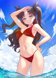 Rule 34 | 1girl, absurdres, arm up, armpits, bare arms, bare shoulders, bikini, blue eyes, blue sky, breasts, brown hair, cleavage, cowboy shot, day, fate/stay night, fate (series), gluteal fold, grin, hair ribbon, halterneck, hand on own hip, highres, long hair, looking at viewer, medium breasts, navel, outdoors, parted bangs, pn (wnsl216), red bikini, ribbon, sky, smile, solo, standing, stomach, string bikini, sunlight, swimsuit, thighs, tohsaka rin, two side up, wading, water, wavy hair