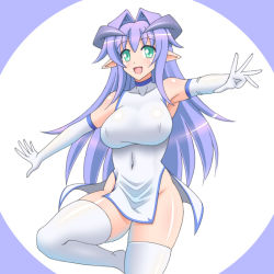 Rule 34 | 1girl, aqua eyes, bare shoulders, borrowed character, breasts, chinese clothes, covered erect nipples, demon girl, elbow gloves, female focus, gloves, horns, kei (milky well), large breasts, leg lift, long hair, looking at viewer, no bra, no panties, open mouth, pointy ears, purple hair, side slit, simple background, skirt, solo, standing, thighhighs, thighs, verude (natsumaru), white gloves, white thighhighs